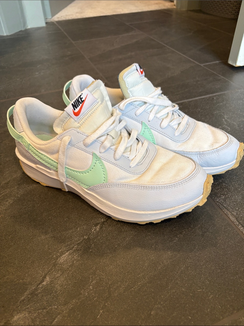 Nike Men's White Sneakers with Mint Green Swoosh and Beige Outsole